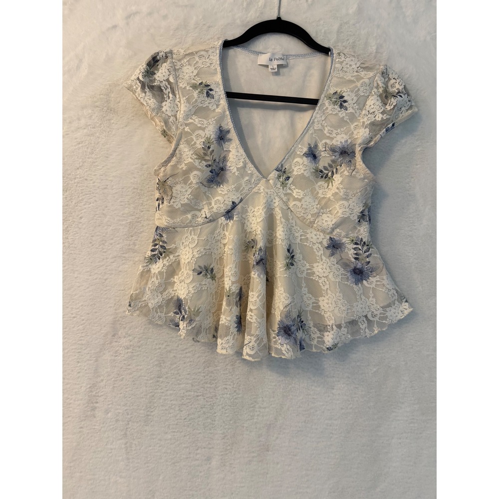 La Peche Floral Lace‎ Peplum Top Cream Blue V-Neck Cap Sleeve Large